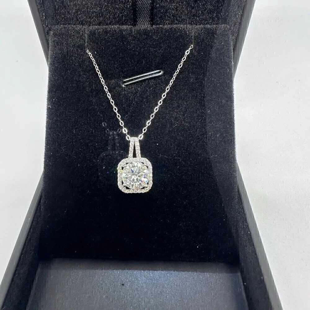 GRA Moissanite Diamond Necklace 2 Ct Pendant Chain Fine Jewelry Halo - Picture 6 of 12